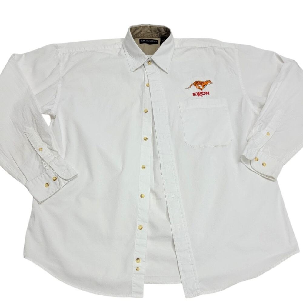 Vtg Exxon Running Tiger Logo Mens White Button Down Shirt Medium C.M. & Company